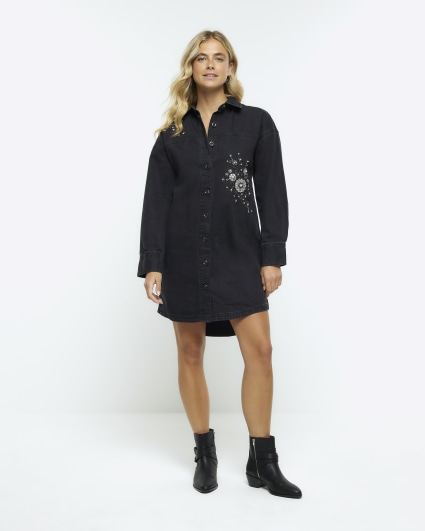 Black denim embellished mini shirt dress