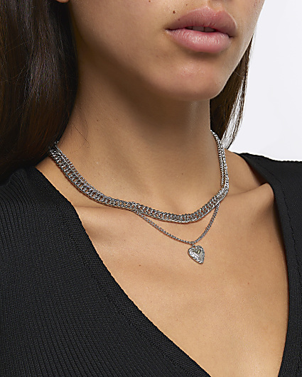 Silver Heart Multirow Necklace
