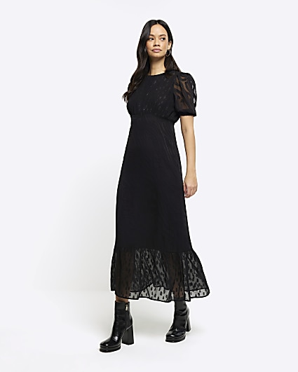 Black satin textured skater midi dress