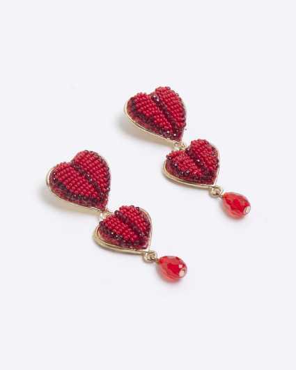 Red beaded heart drop earrings