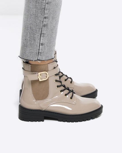 Beige wide fit patent buckle boots