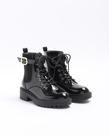 Black wide fit patent buckle boots