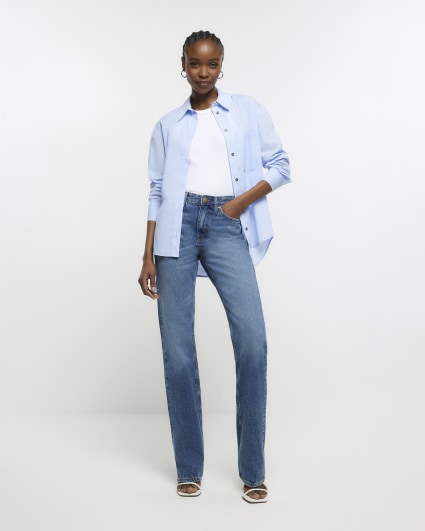 Blue high waisted straight leg jeans