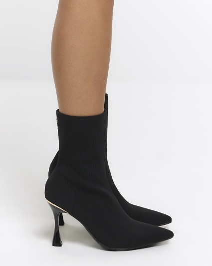 Black wide fit knit heeled ankle boots