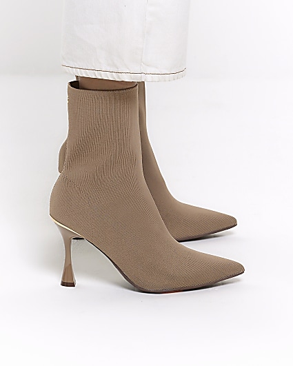 Beige wide fit knit heeled ankle boots