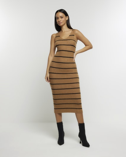 Brown knit stripe bodycon midi dress set