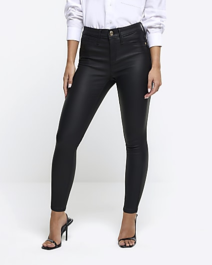 Petite black skinny fit coated jeans