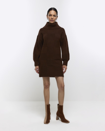 Brown textured roll neck jumper mini dress