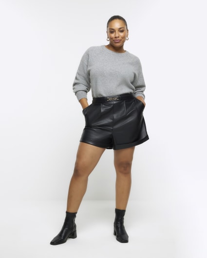 Plus black faux leather shorts