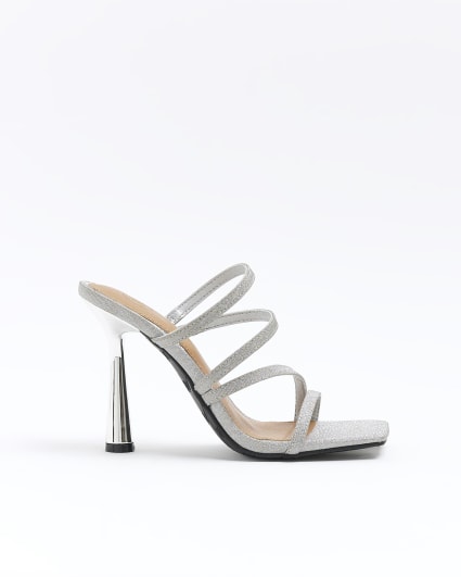 Silver wide fit glittered heeled mule sandals