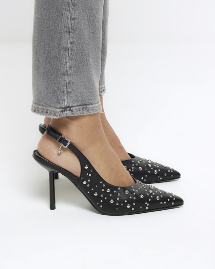 Black studded heeled sling back court shoes