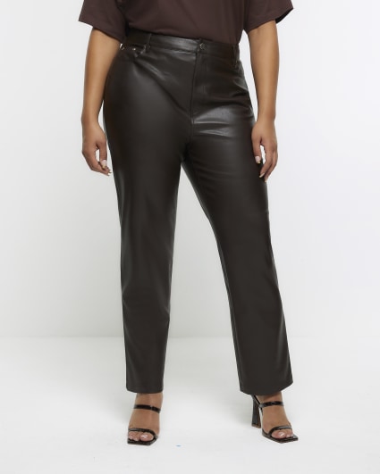 Plus brown faux leather straight trousers