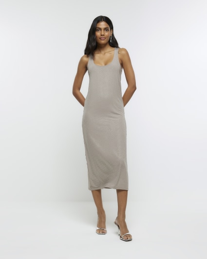 Khaki diamante sleeveless bodycon midi dress