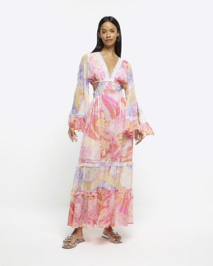 Pink chiffon abstract print beach maxi dress