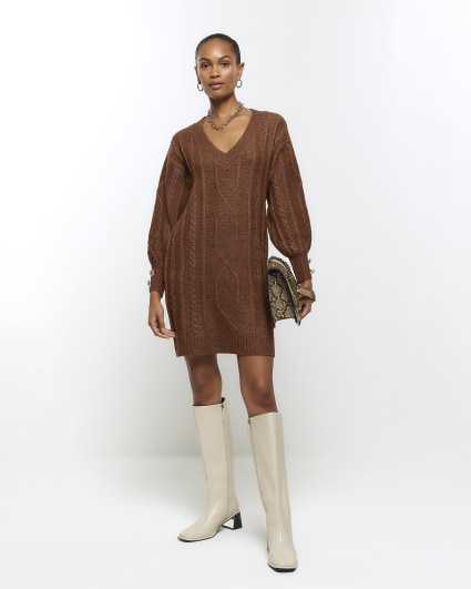 Brown cable knit jumper mini dress