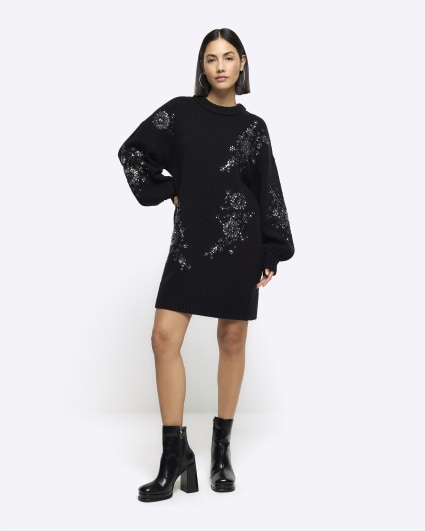 Black embellished jumper mini dress