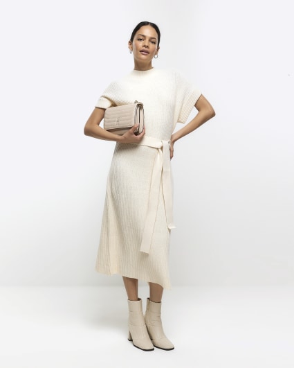 Cream belted high neck jumper midi dress