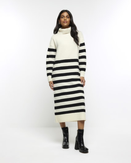 Cream stripe rolled neck jumper midi dress