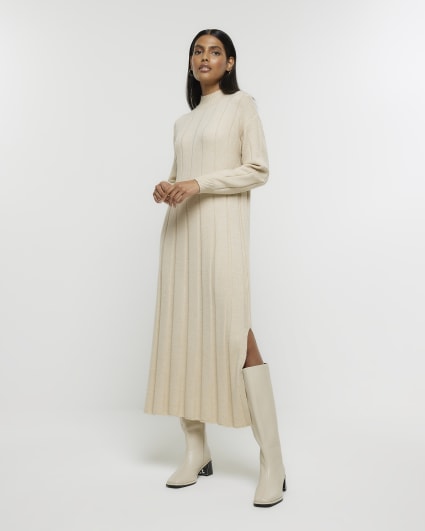 Beige high neck jumper maxi dress