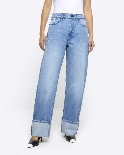 Blue high waisted wide leg turn up jeans