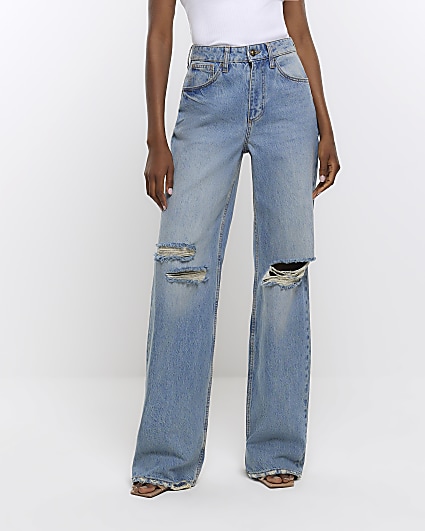 Blue mid rise baggy wide leg jeans