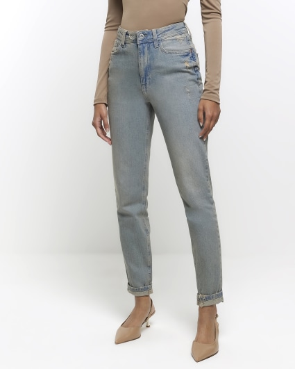 Blue high waisted mom ripped jeans