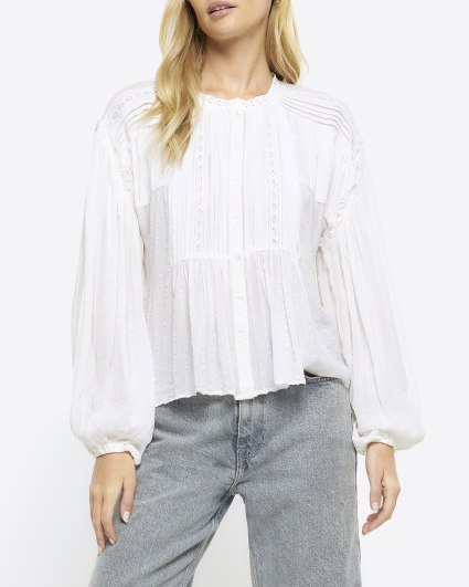 White lace pleated smock blouse
