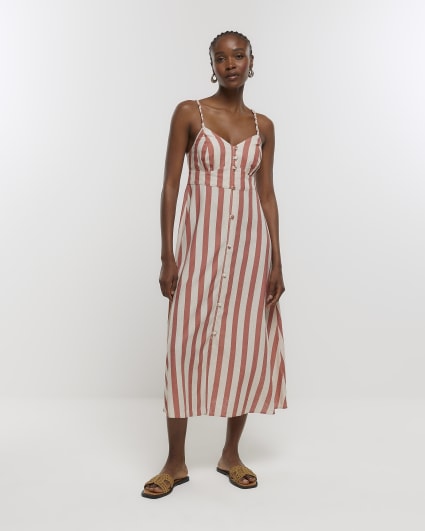 Rust stripe linen blend midi dress