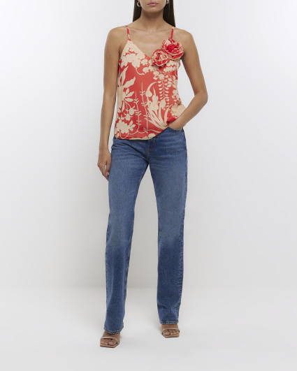 Red chiffon floral corsage cami top