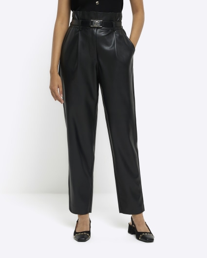 Black faux leather paperbag trousers