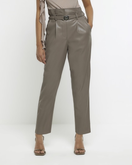 Grey faux leather belted paperbag trousers