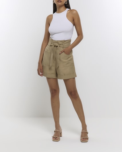 Khaki twill tie waist shorts