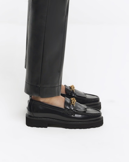 Black chain leather loafers