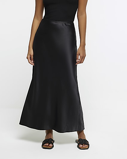 Petite black satin maxi skirt