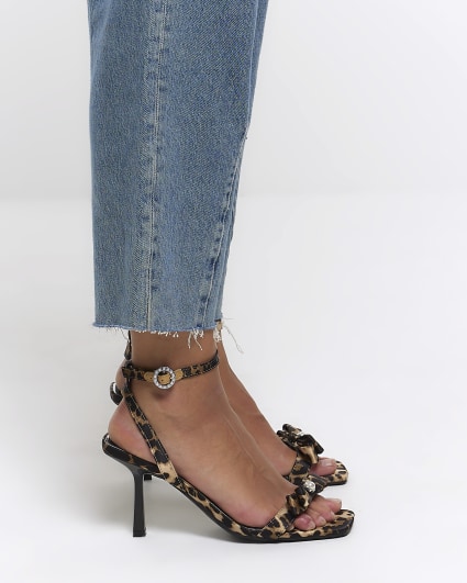 Brown leopard print pearl bow heeled sandals