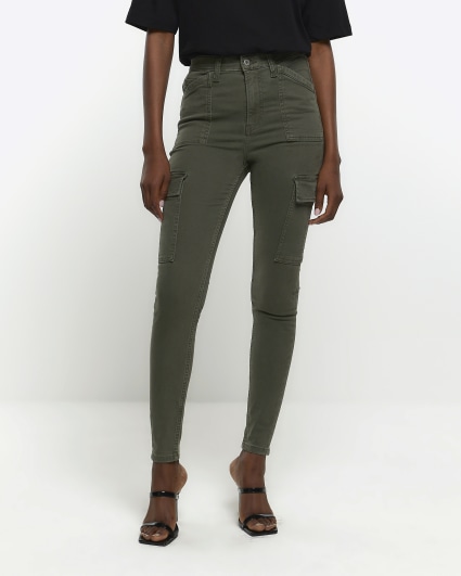 Black high waisted coated cargo skinny jeans