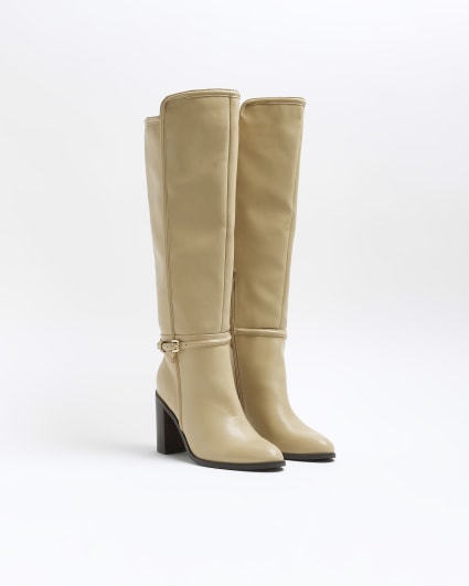 Beige buckle detail heeled knee high boots