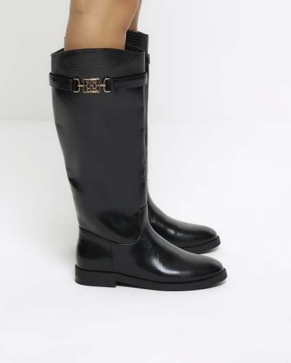 Black buckle knee high boots