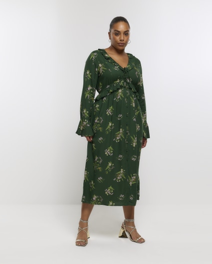 Plus green floral frill swing midi dress