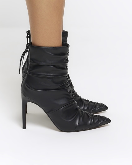 Black ruched heeled ankle boots