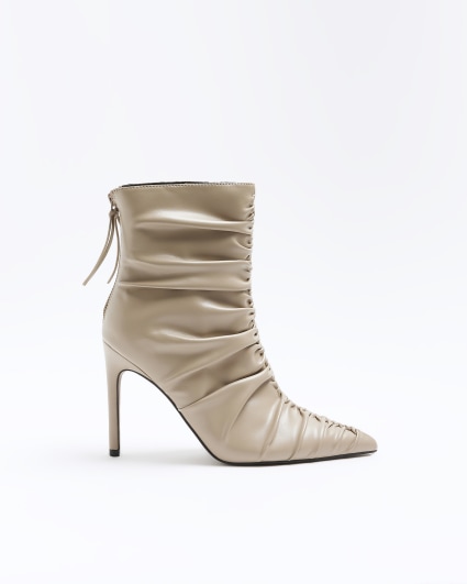 Beige ruched heeled ankle boots