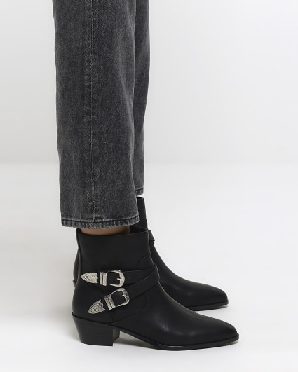Black faux leather western ankle boots