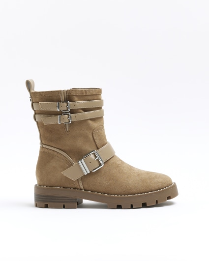 Brown suedette buckle biker boots