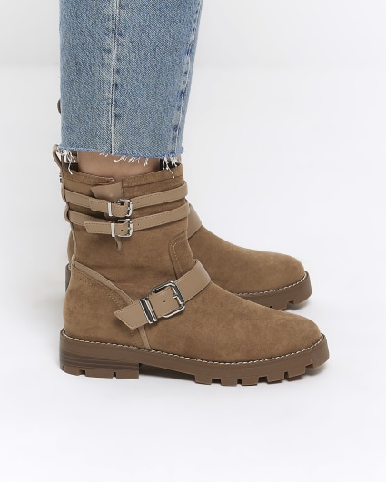 Brown suedette buckle biker boots