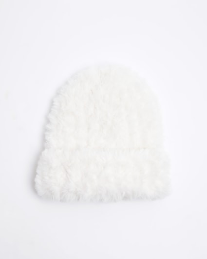 White faux fur beanie hat