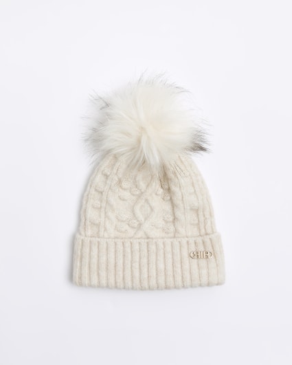 Beige cable knit beanie hat