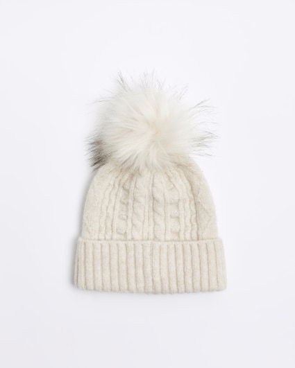 Beige cable knit beanie hat