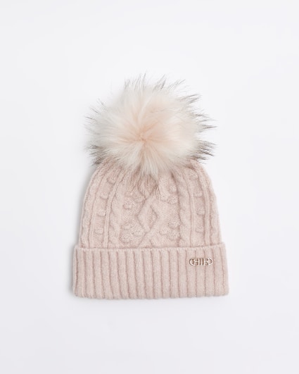 Pink cable knit beanie hat
