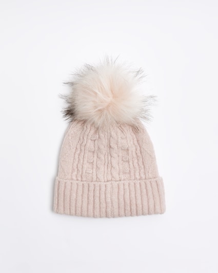 Pink cable knit beanie hat