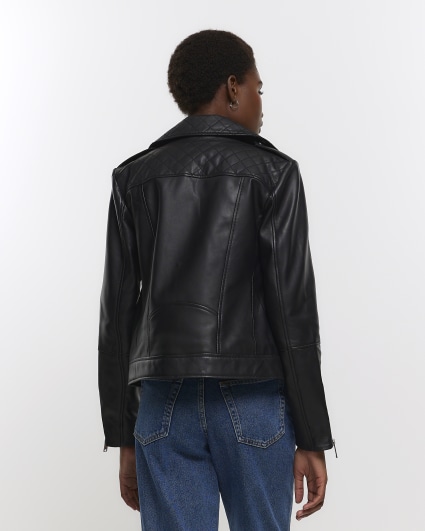 Black leather zip up biker jacket